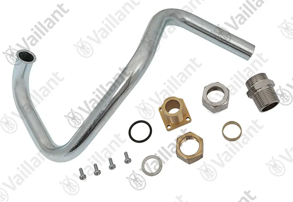 Rohr von Vaillant mit gebogenem Design, begleitet von verschiedenen Montageschrauben, Dichtungen und Anschlussstücken zur Verwendung in Heizungsanlagen.